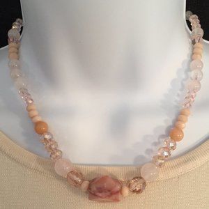 EUC Peach-Pink Bead & Nugget Necklace, Marbled Design, Gift Bag, 16" L + 2" Ext